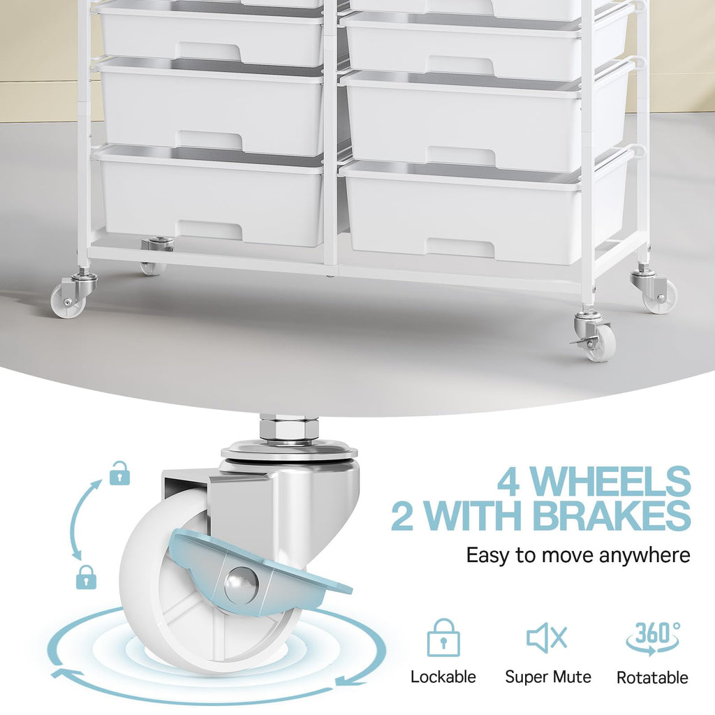 White 12 Drawers Rolling Storage Cart with Wooden Top J5039