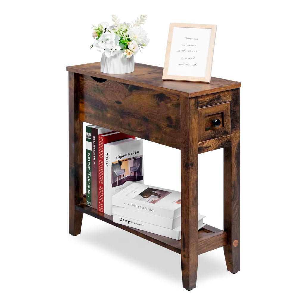 Cherry Chairside Table with Charger and Storage Cabinet W648