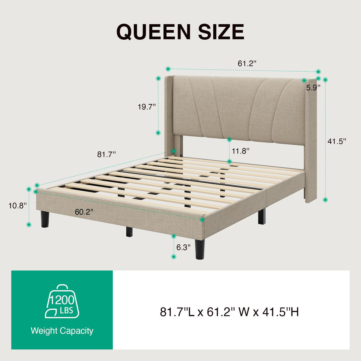 Queen Size Linen Upholstered Bed Frame with Headboard P307