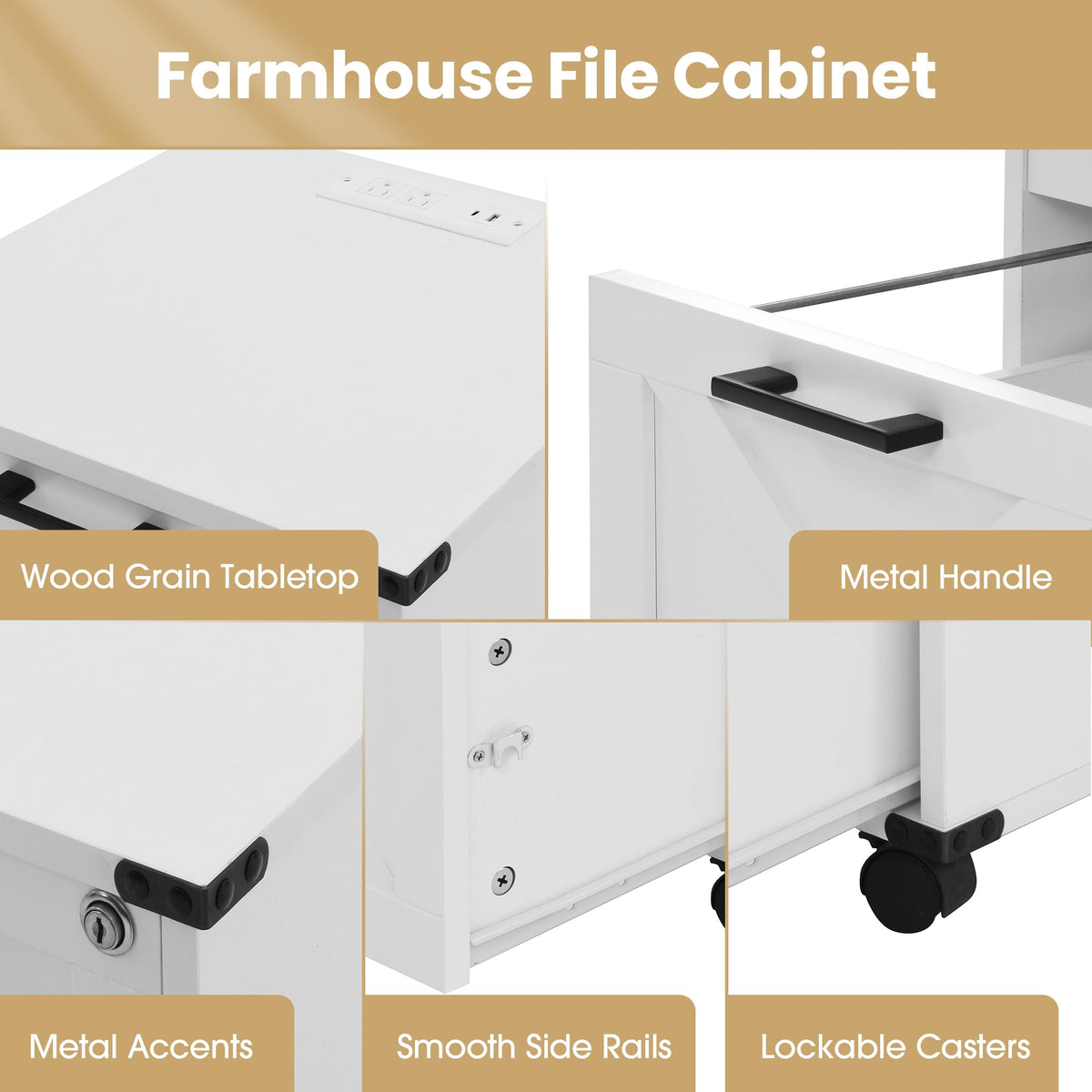 Small Wood File Cabinet with Charging Station and Lock, 3 Drawers K463621