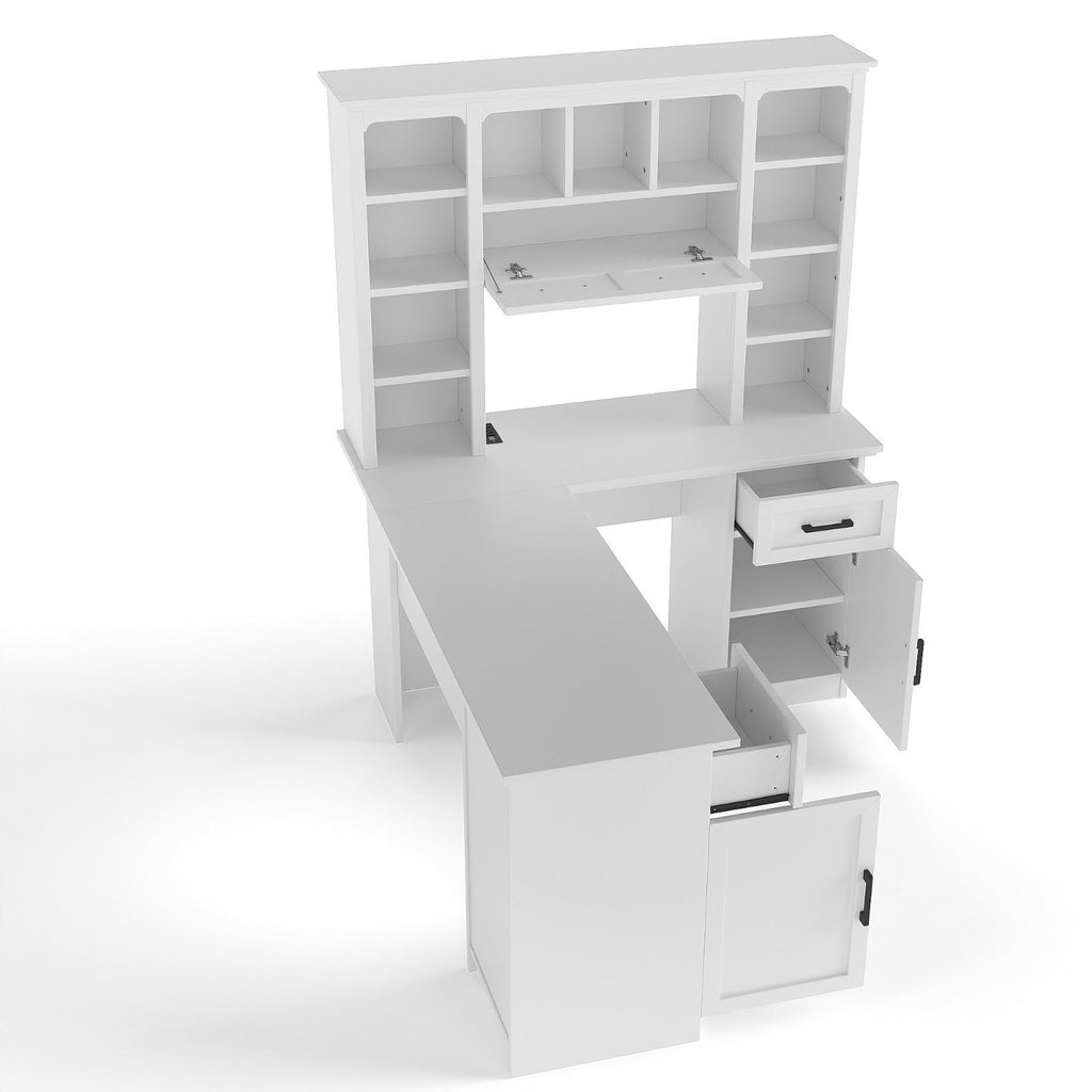 White L-Shaped Computer Desk with Hutch and Storage Q793