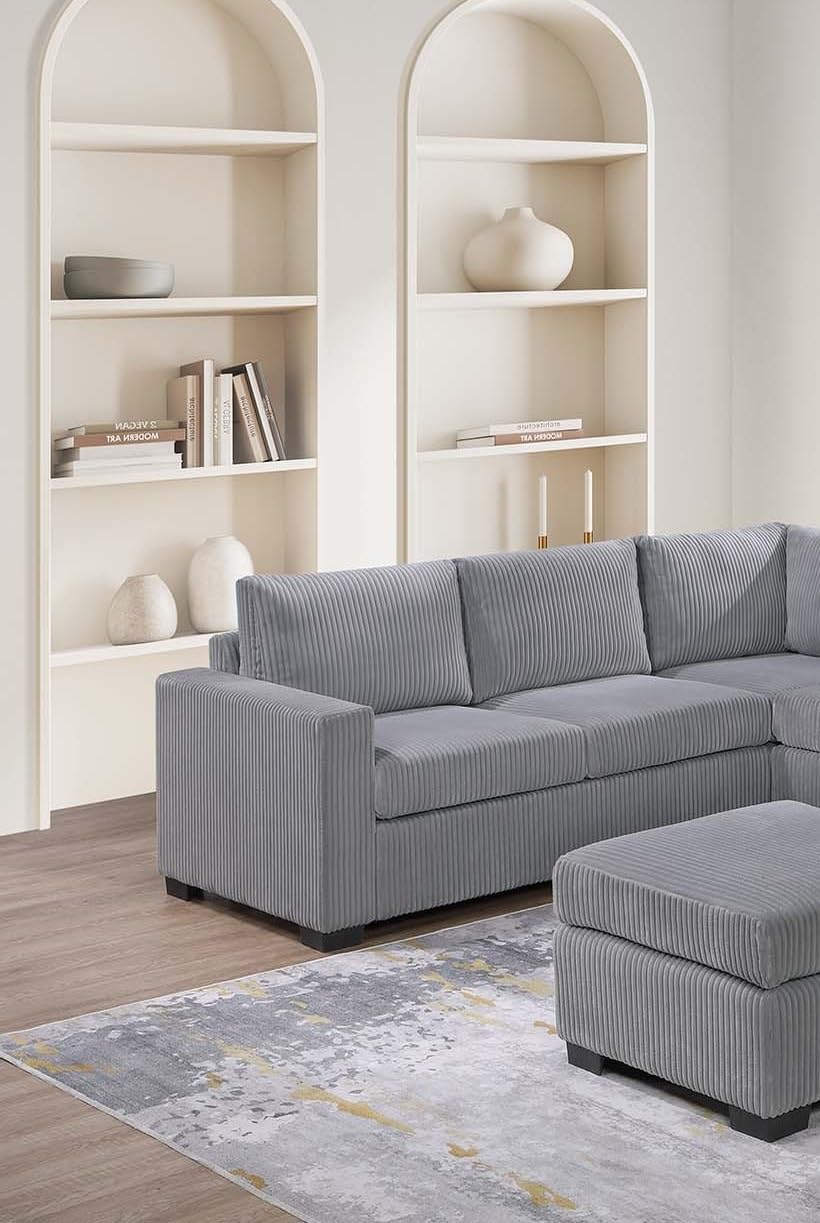 Light Gray Corduroy Upholstered Sectional Sofa Set U384901