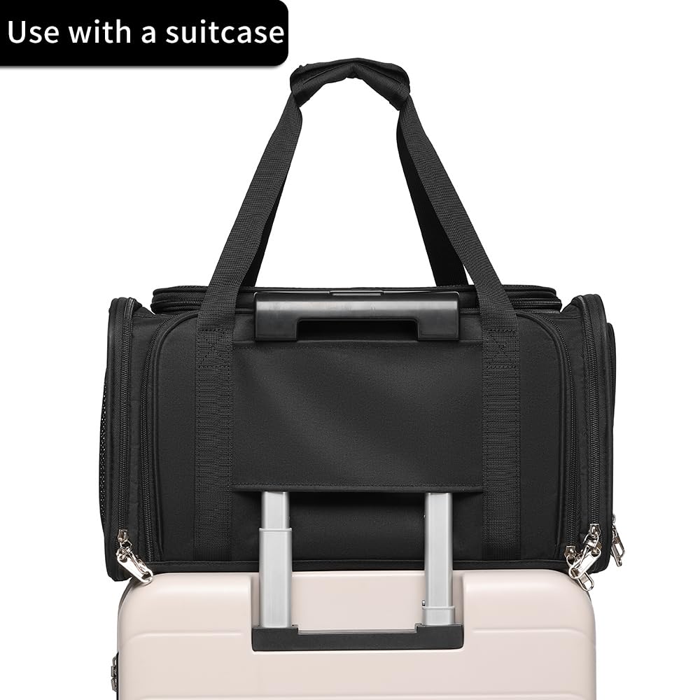 Airline Approved Pet Carrier for Cats and Small Dogs up to 15 lbs, Breathable Mesh, Portable Travel Bag (Black, Expandable) T60086