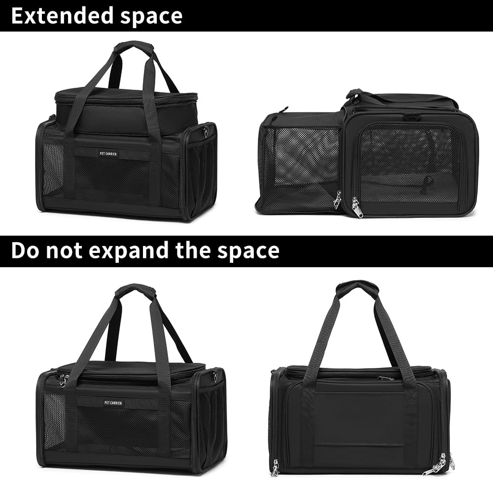 Airline Approved Pet Carrier for Cats and Small Dogs up to 15 lbs, Breathable Mesh, Portable Travel Bag (Black, Expandable) T60086