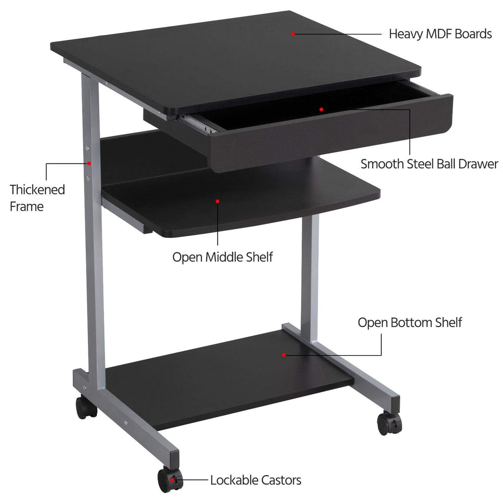 Black Rolling Desk with Drawer and Printer Shelf J735387