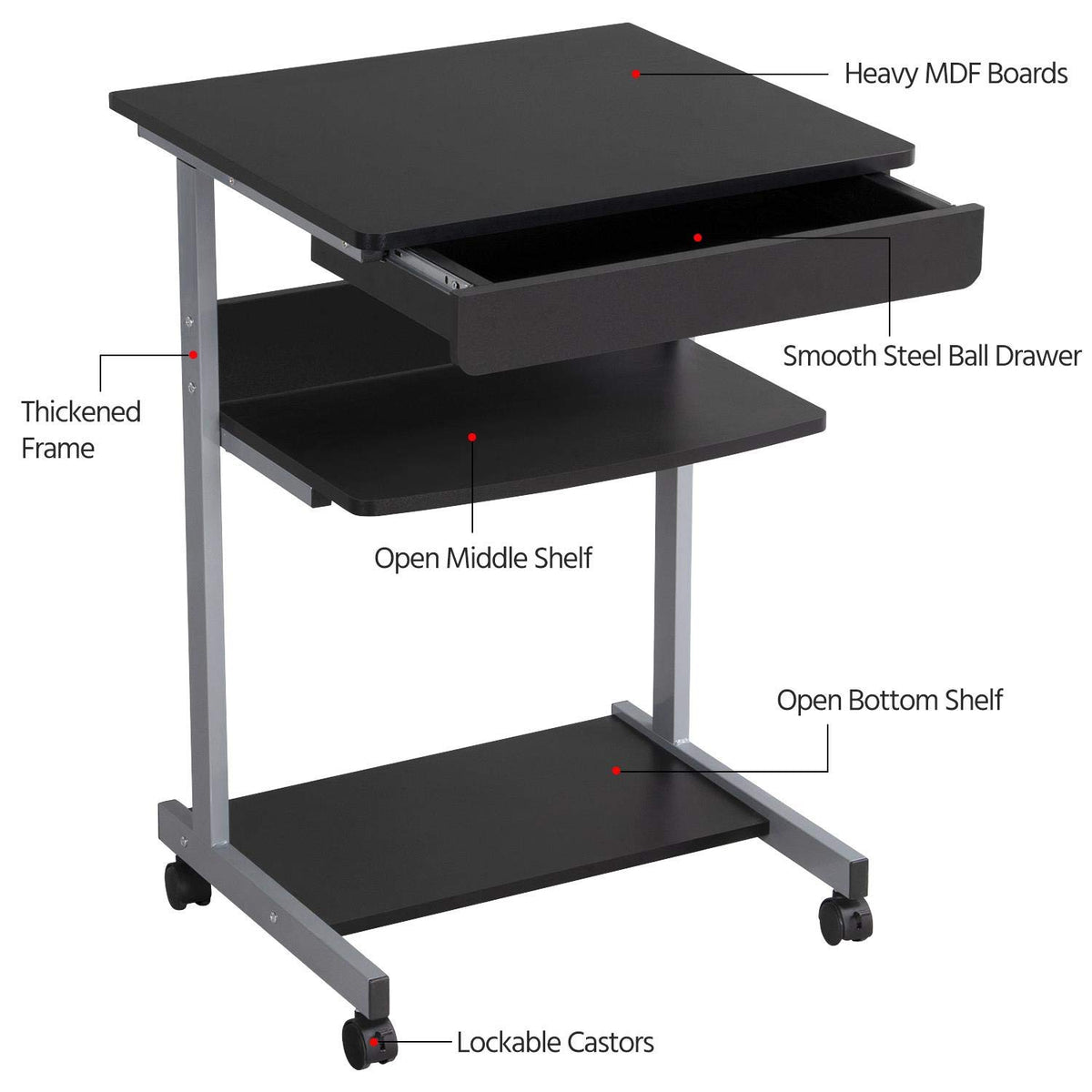 Black Rolling Desk with Drawer and Printer Shelf J735387