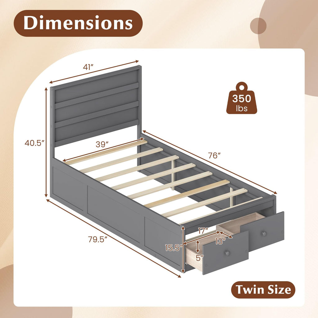 Grey Twin Wood Platform Bed with Storage Drawers S3214