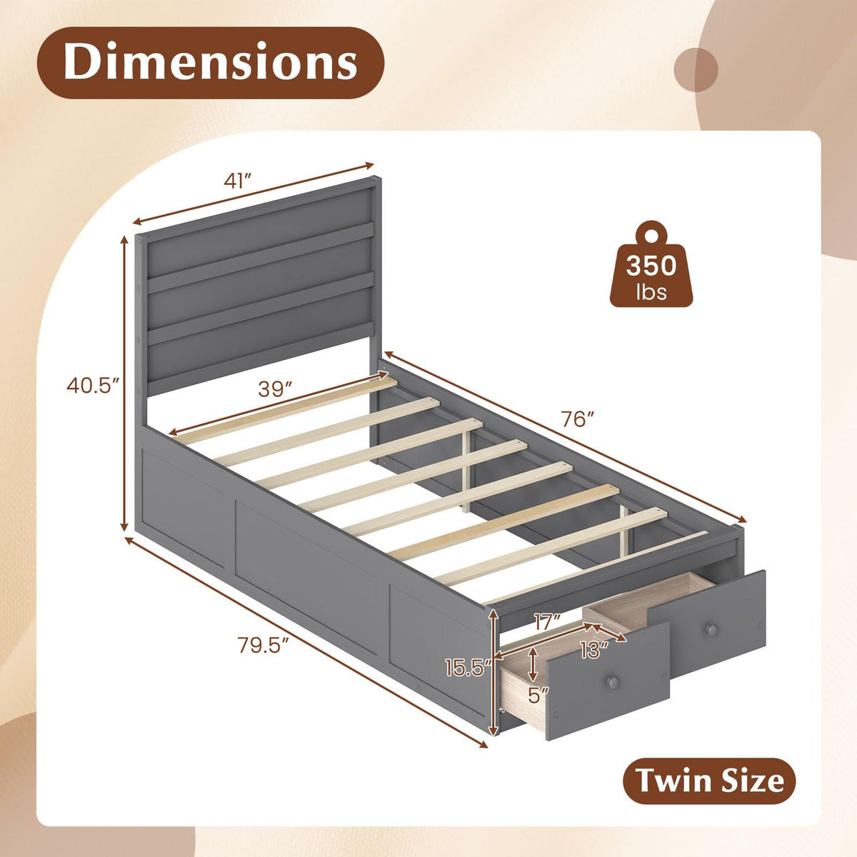 Grey Twin Wood Platform Bed with Storage Drawers S3214