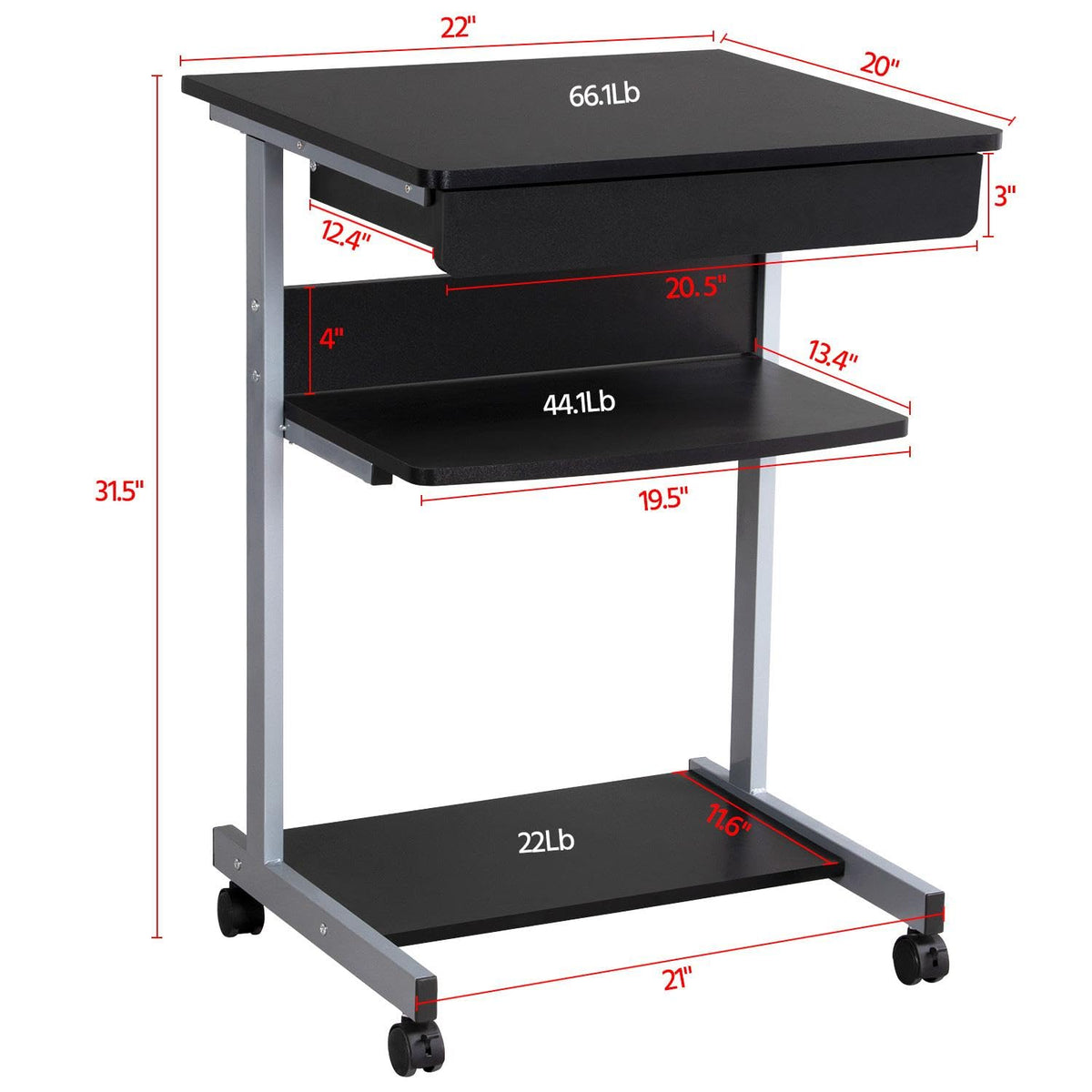 Black Rolling Desk with Drawer and Printer Shelf J735387