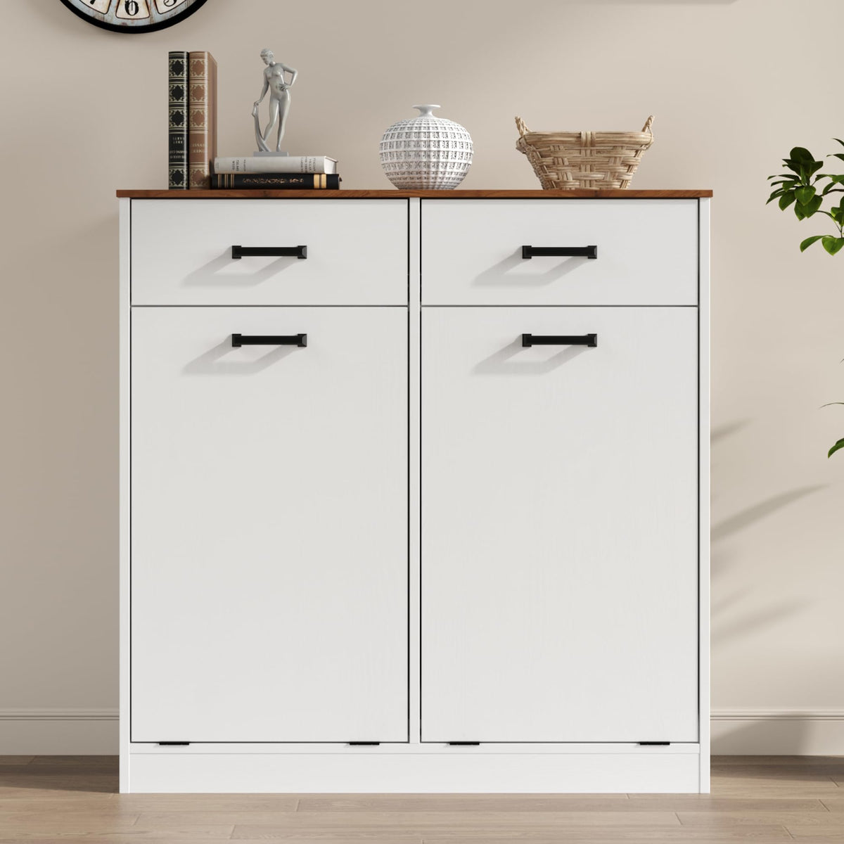 Antique White Double Tilt Out Trash Can Cabinet with 2 Drawers J963732