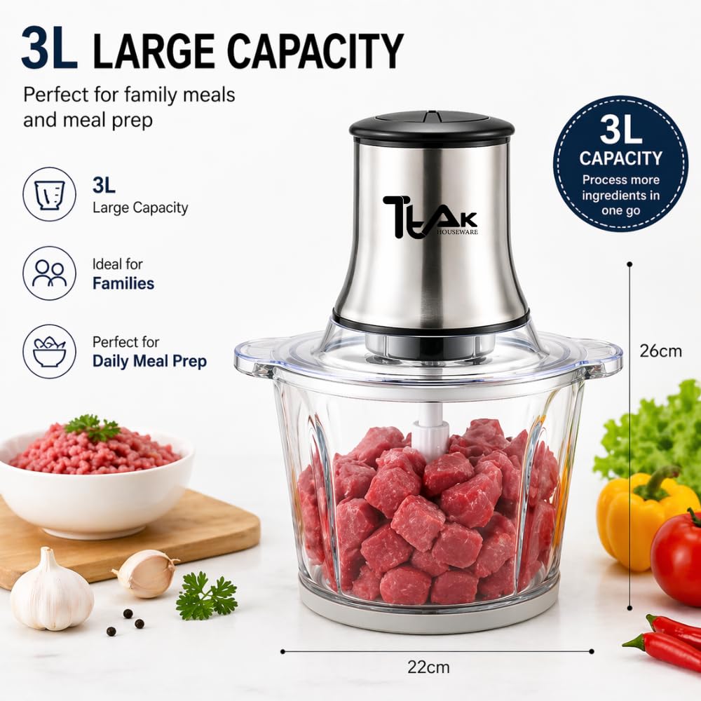 Electric Food Chopper with 3L Glass Bowl, 300W Motor, 4 Blades Y2067