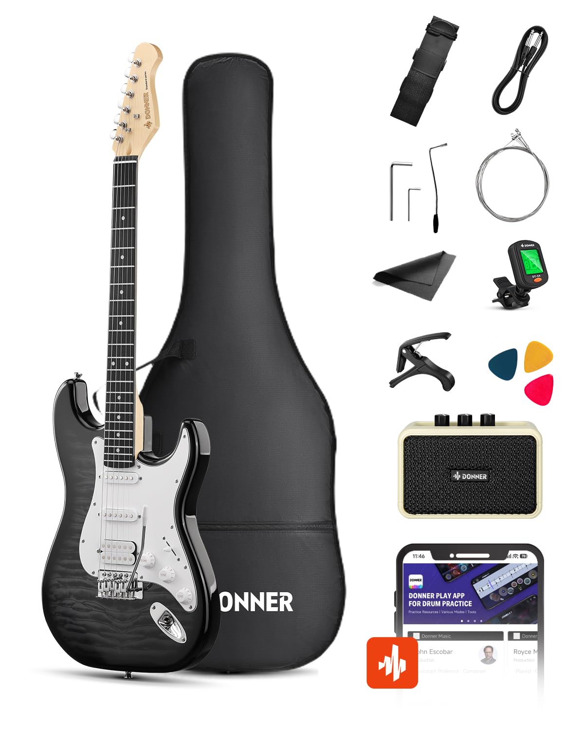 39" Beginner Electric Guitar Kit with Amp, Black Burst V935212