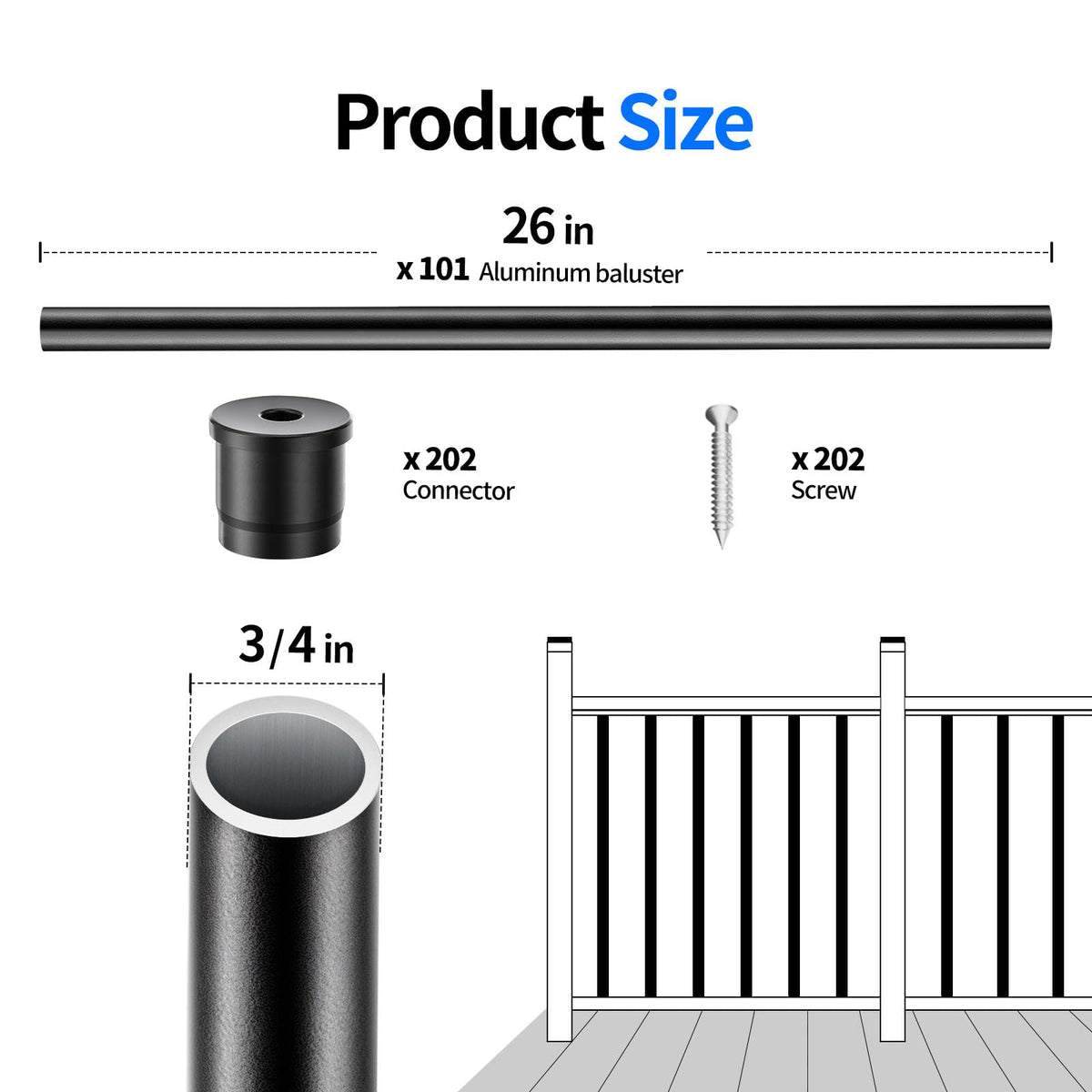101 Pack 26" x 3/4" Black Round Aluminum Balusters B953322
