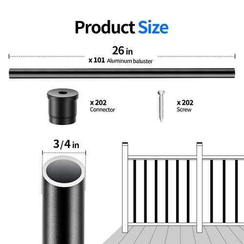 101 Pack 26" x 3/4" Black Round Aluminum Balusters B953322