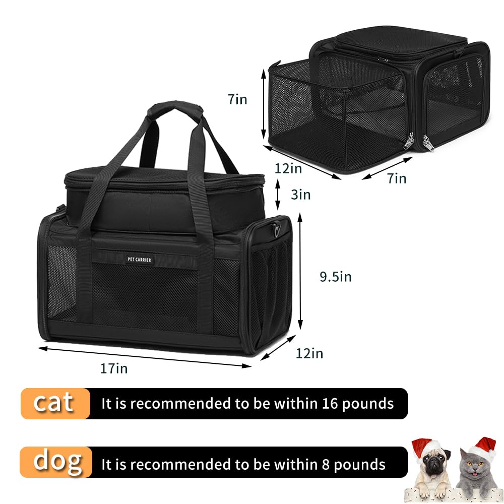 Airline Approved Pet Carrier for Cats and Small Dogs up to 15 lbs, Breathable Mesh, Portable Travel Bag (Black, Expandable) T60086
