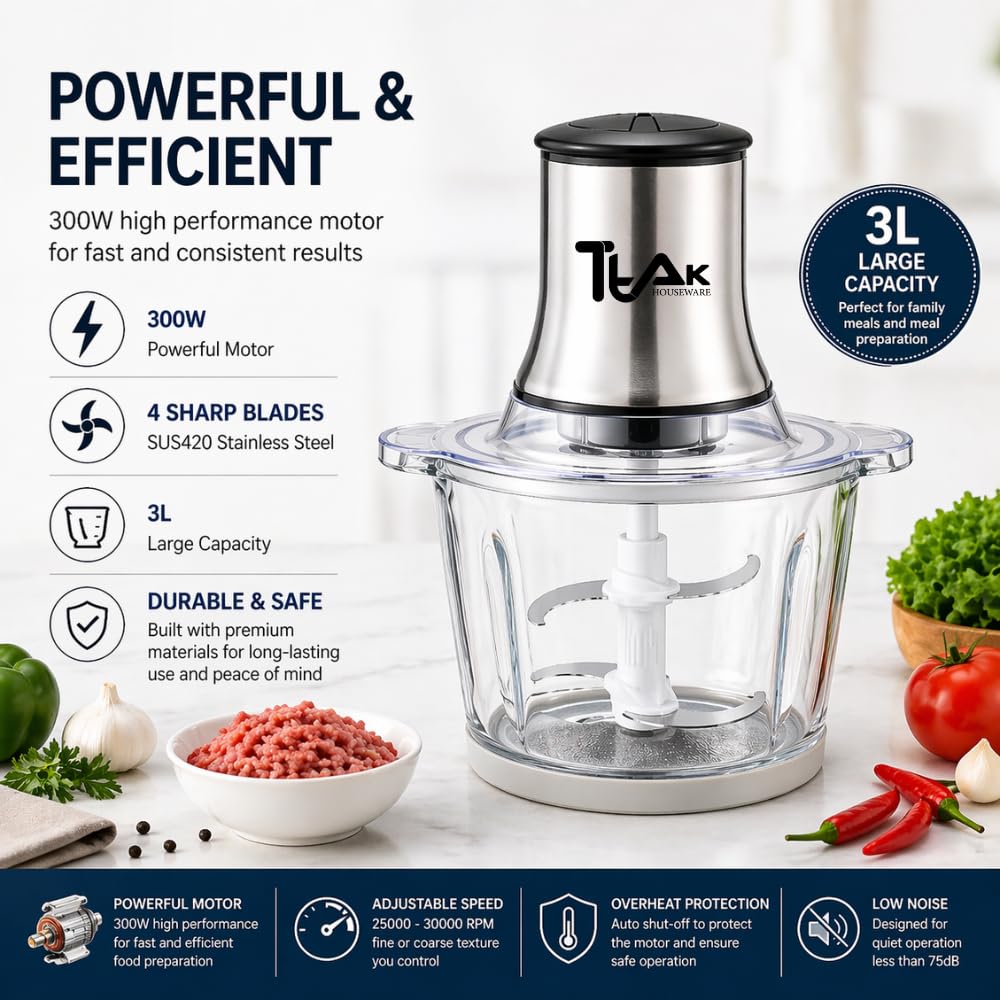 Electric Food Chopper with 3L Glass Bowl, 300W Motor, 4 Blades Y2067