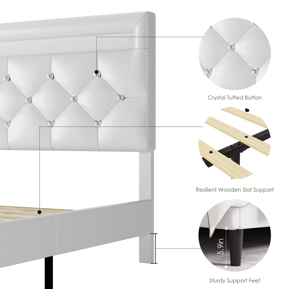 White Faux Leather Upholstered Full Size Platform Bed Frame U586828