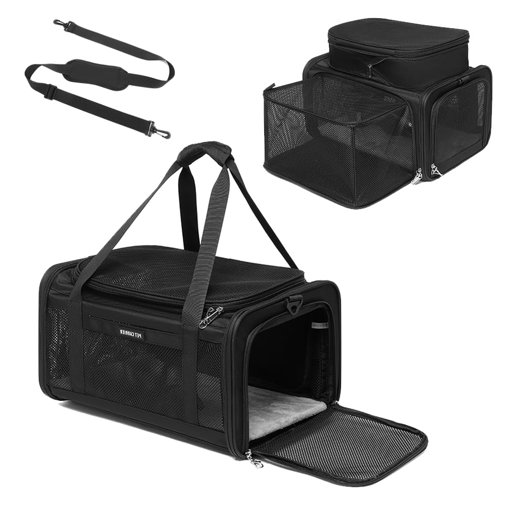 Airline Approved Pet Carrier for Cats and Small Dogs up to 15 lbs, Breathable Mesh, Portable Travel Bag (Black, Expandable) T60086