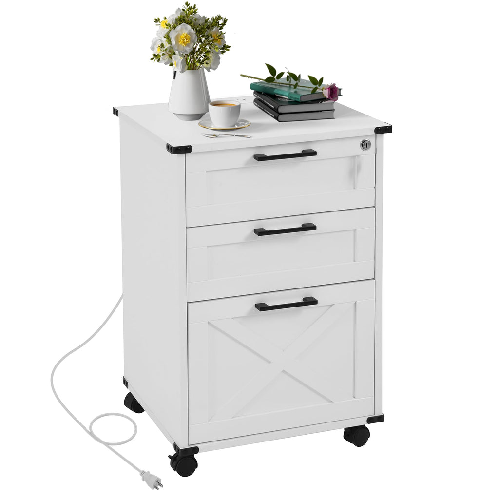 Small Wood File Cabinet with Charging Station and Lock, 3 Drawers K463621