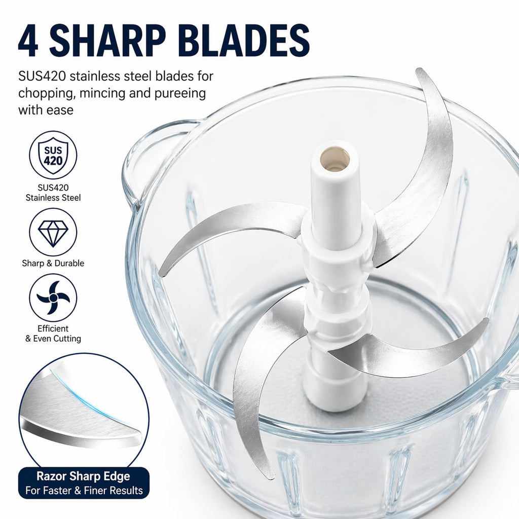 Electric Food Chopper with 3L Glass Bowl, 300W Motor, 4 Blades Y2067
