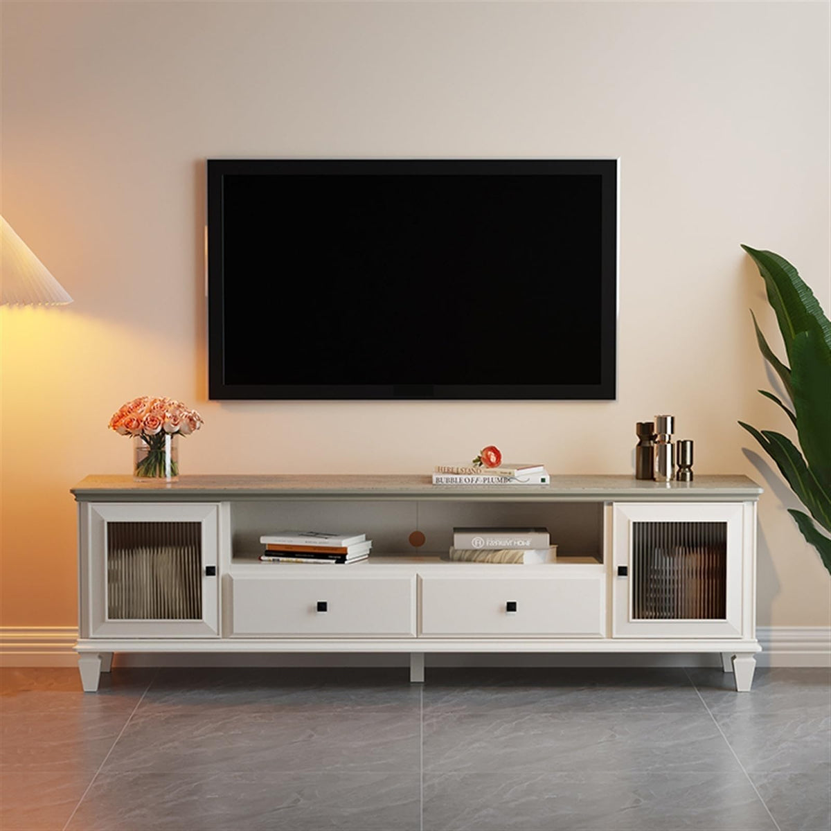 Modern TV Stand with 2 Drawers, 2 Storage Cabinets & 1 Open Shelf O49351
