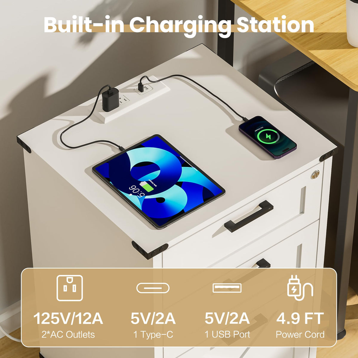 Small Wood File Cabinet with Charging Station and Lock, 3 Drawers K463621