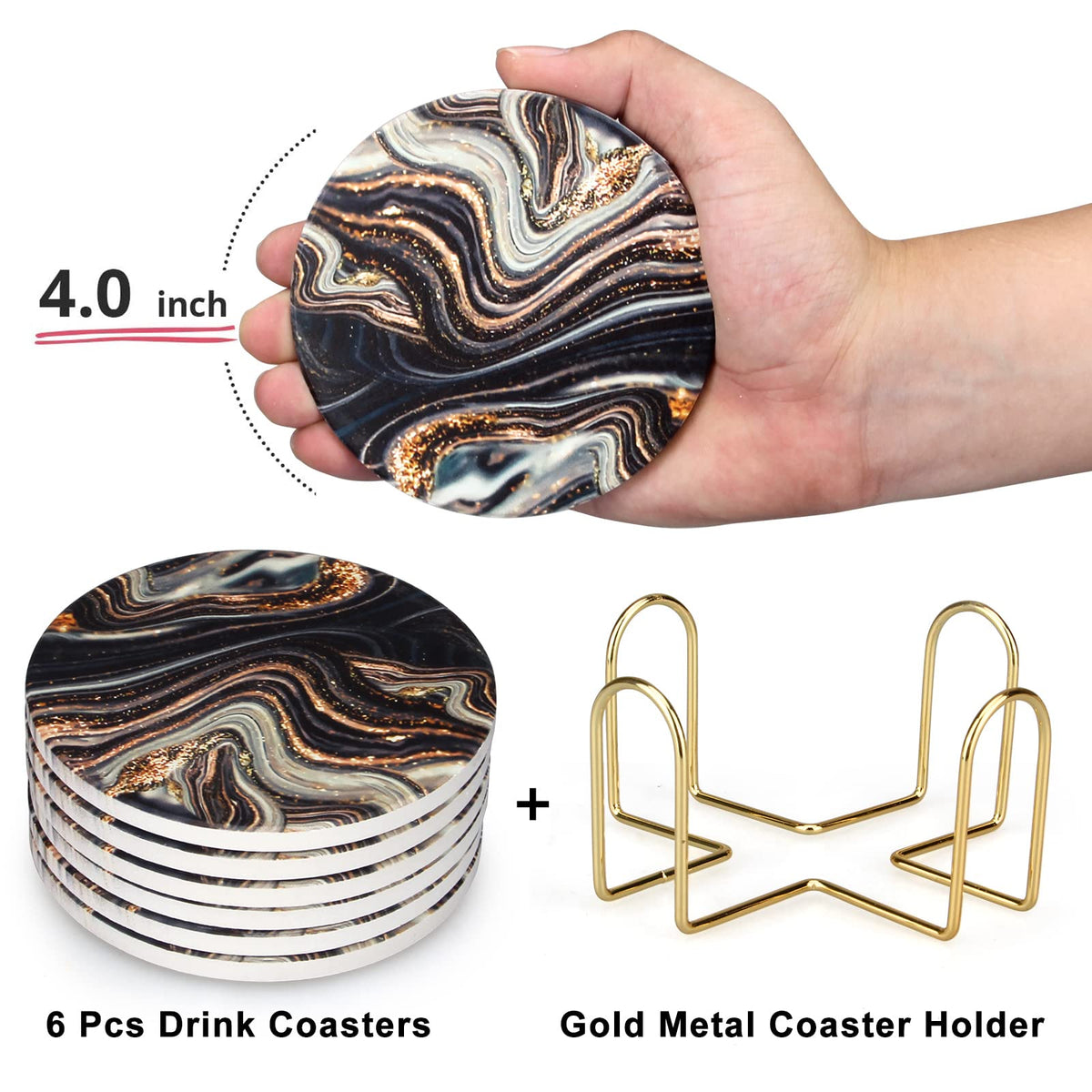 Black and Gold Marble Coasters with Holder A9805