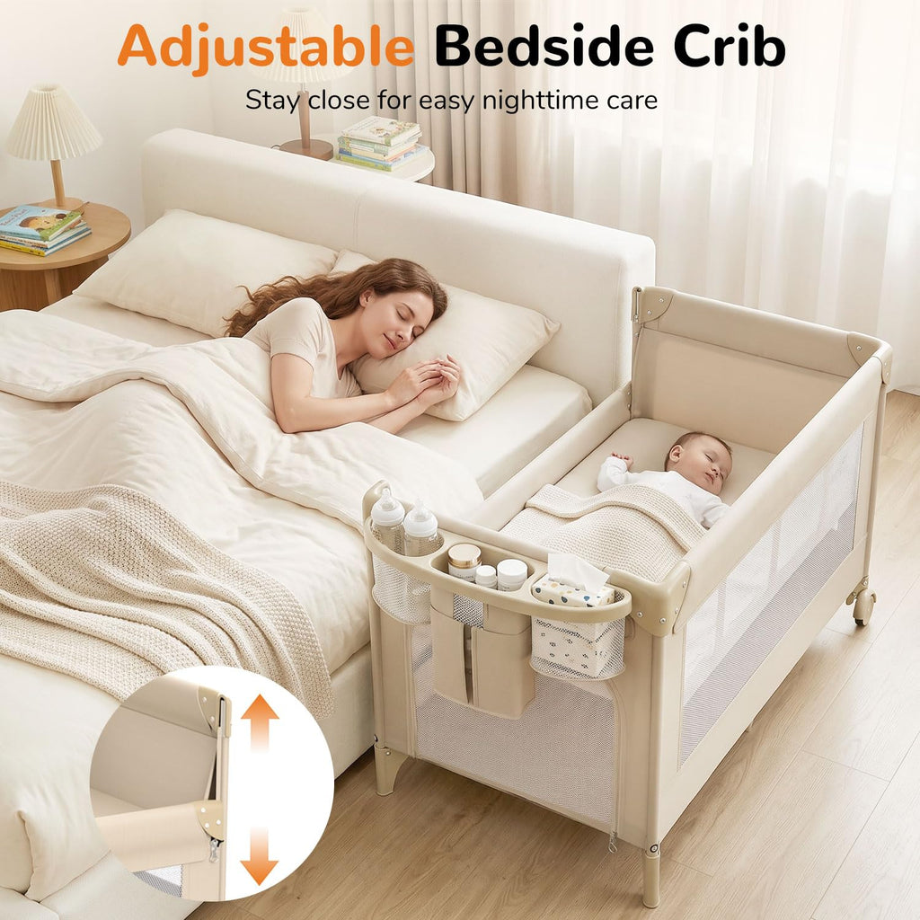 4 in 1 Foldable Pack and Play with Bassinet and Changing Table, Beige Z978712