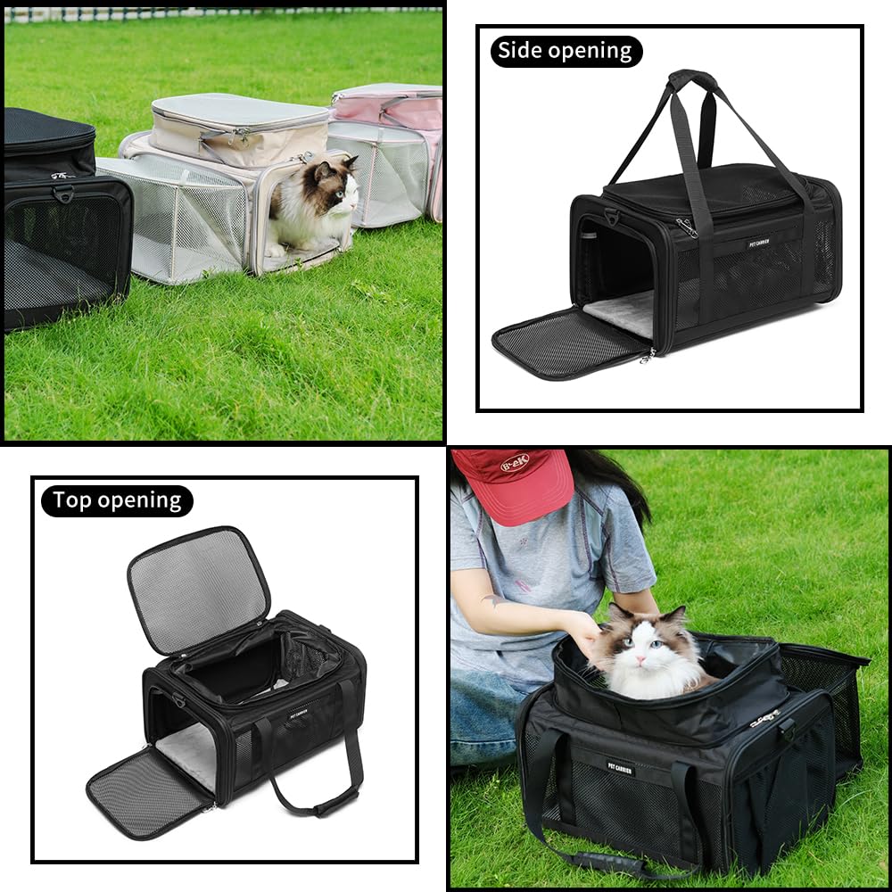 Airline Approved Pet Carrier for Cats and Small Dogs up to 15 lbs, Breathable Mesh, Portable Travel Bag (Black, Expandable) T60086