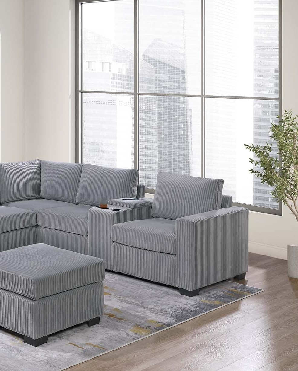 Light Gray Corduroy Upholstered Sectional Sofa Set U384901