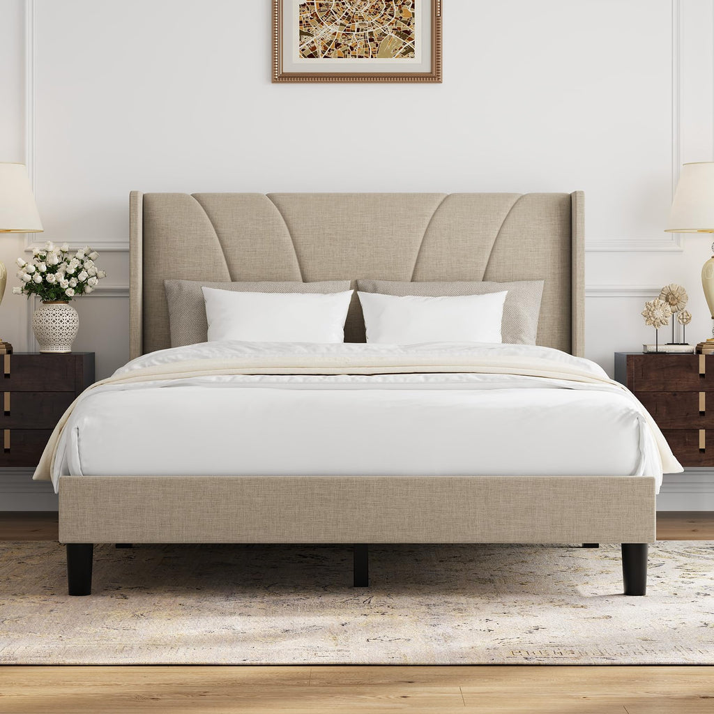 Queen Size Linen Upholstered Bed Frame with Headboard P307