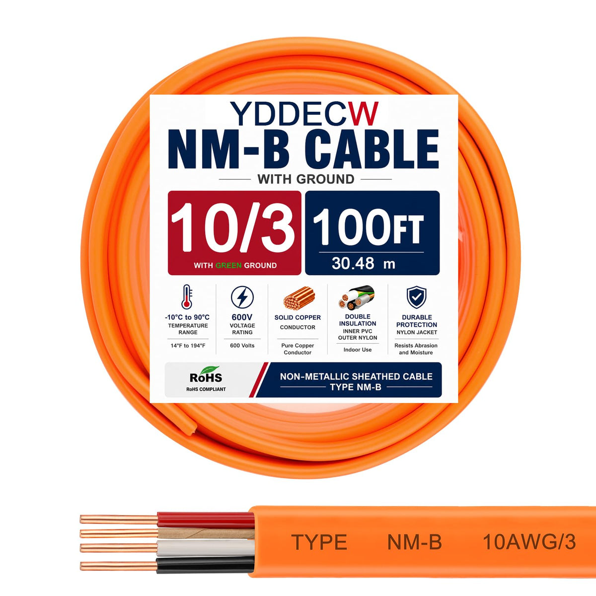 10 Gauge 3 Conductor NM-B Wire with Ground 100FT R685672