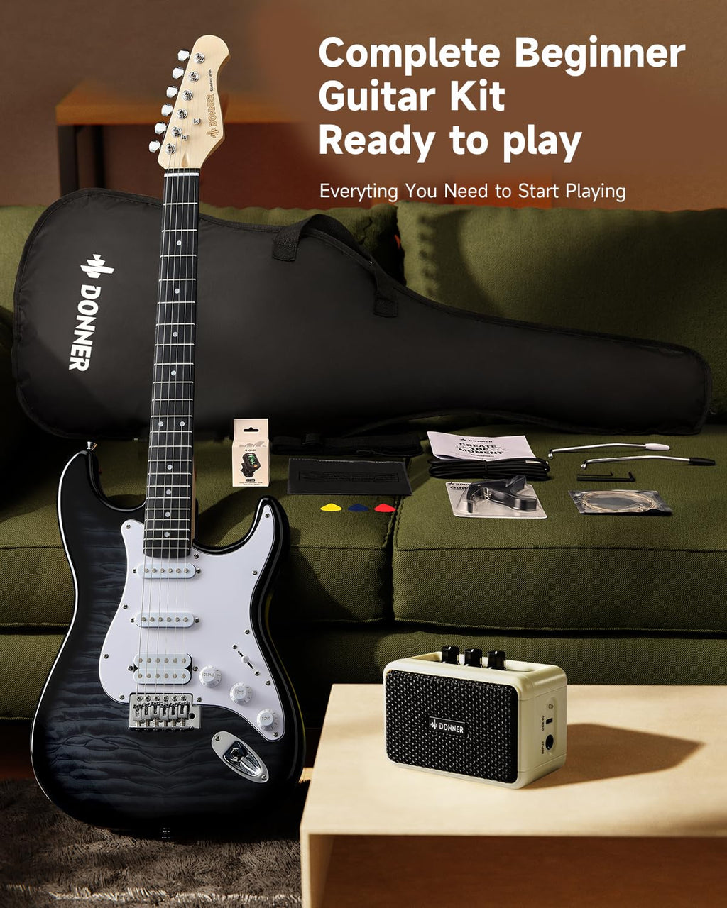 39" Beginner Electric Guitar Kit with Amp, Black Burst V935212