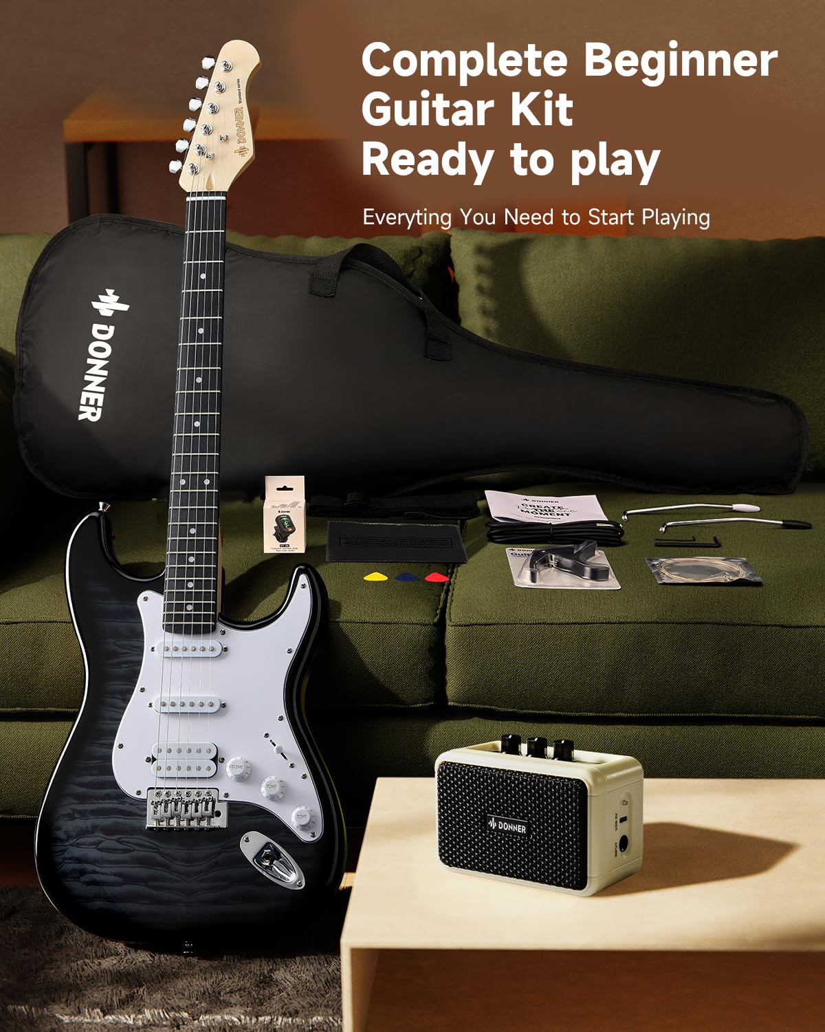 39" Beginner Electric Guitar Kit with Amp, Black Burst V935212
