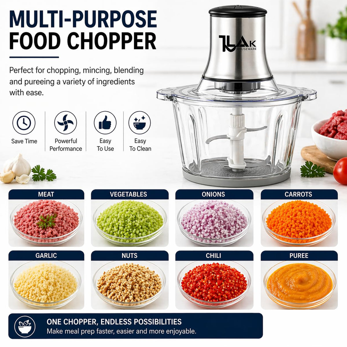 Electric Food Chopper with 3L Glass Bowl, 300W Motor, 4 Blades Y2067