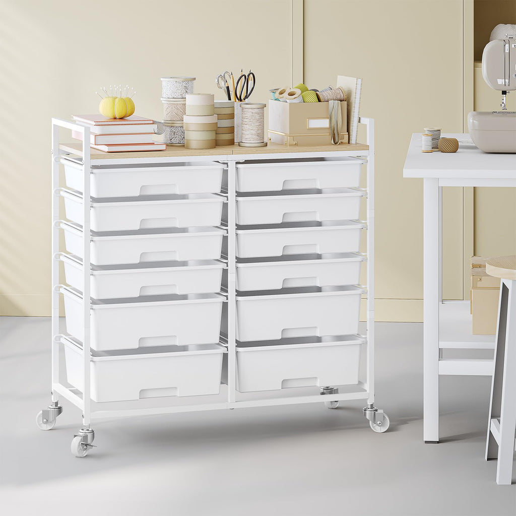 White 12 Drawers Rolling Storage Cart with Wooden Top J5039
