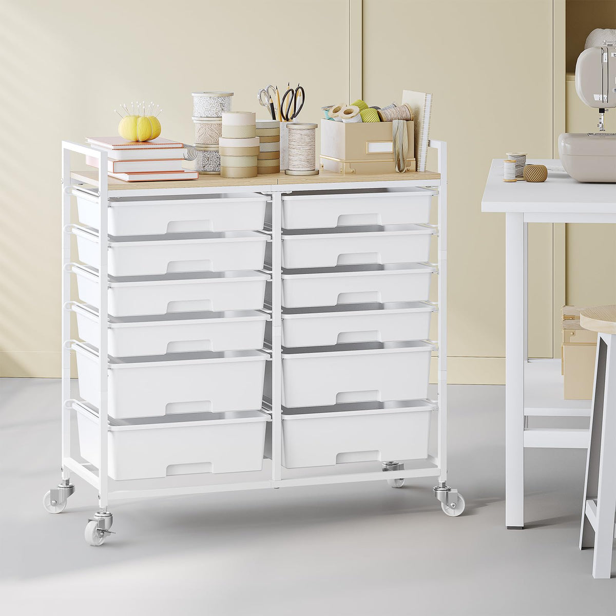 White 12 Drawers Rolling Storage Cart with Wooden Top J5039
