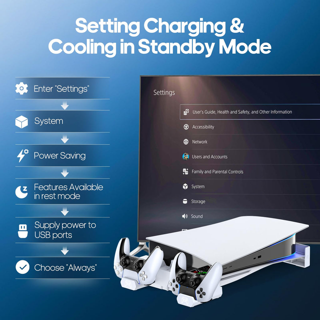 PS5 Horizontal Stand and Cooling Station with Controller Charging Station N9942