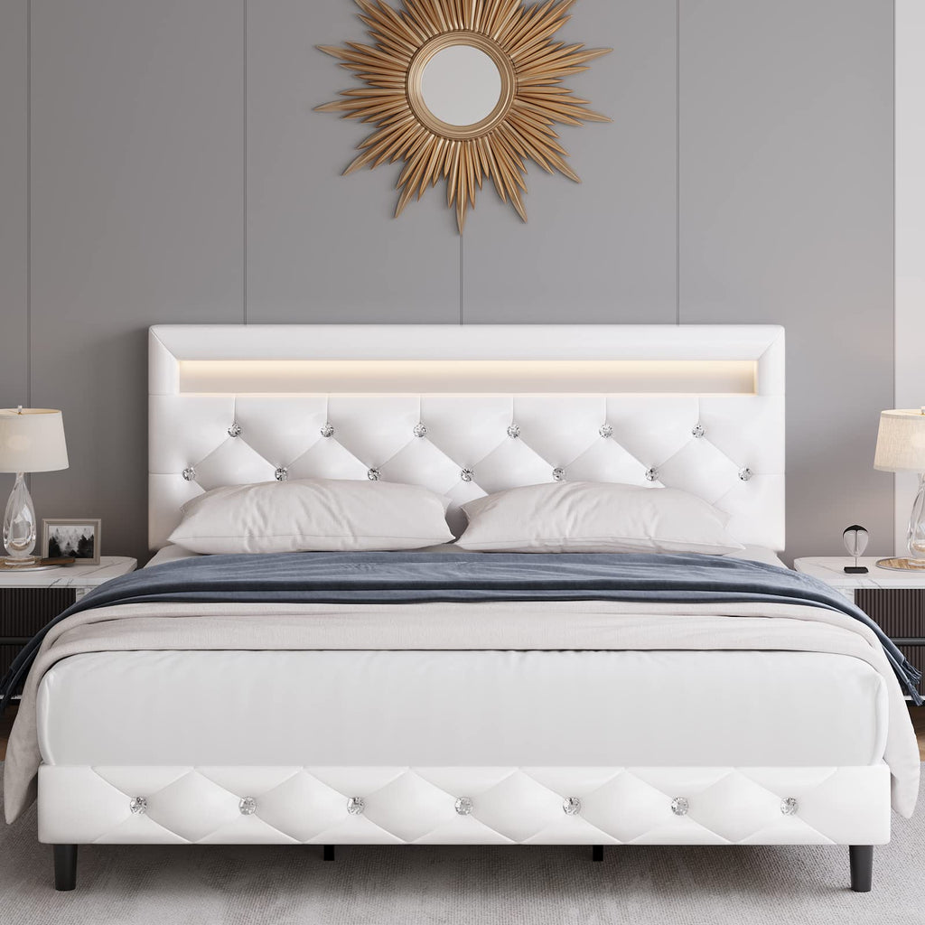 White Faux Leather Upholstered Full Size Platform Bed Frame U586828