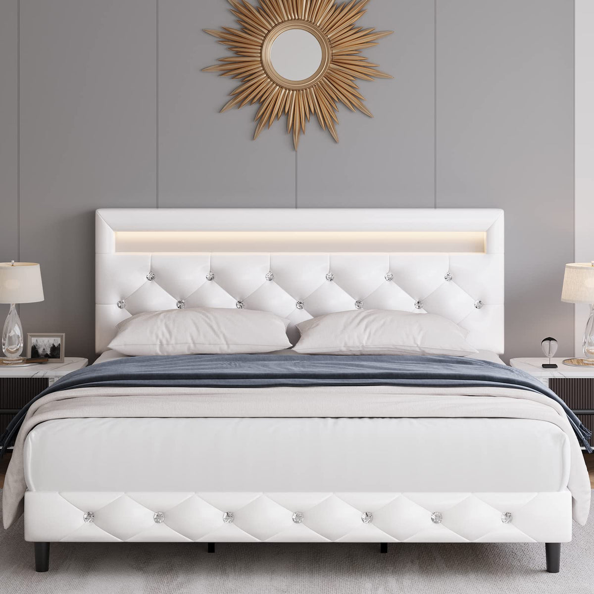White Faux Leather Upholstered Full Size Platform Bed Frame U586828