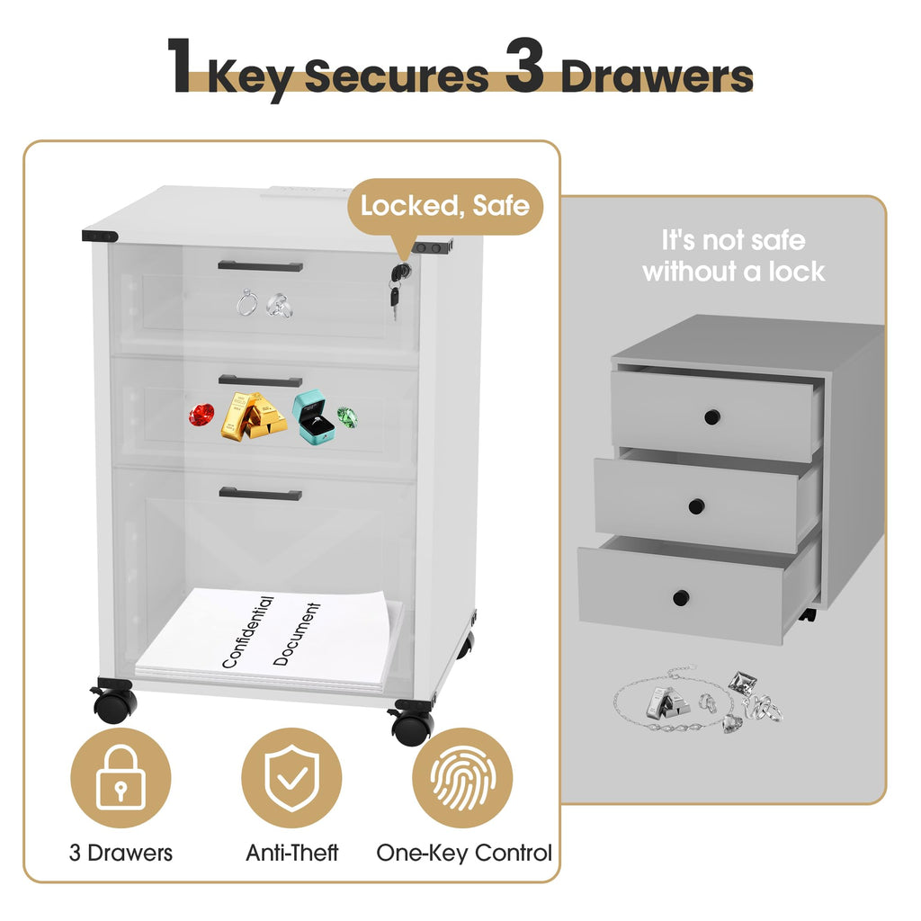 Small Wood File Cabinet with Charging Station and Lock, 3 Drawers K463621