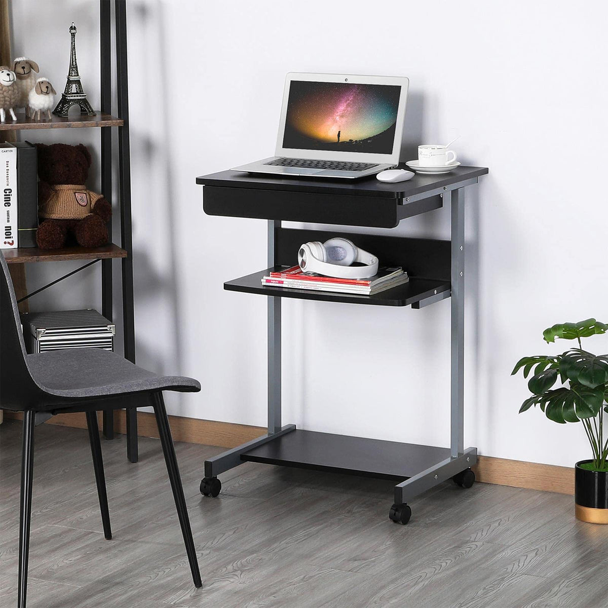 Black Rolling Desk with Drawer and Printer Shelf J735387