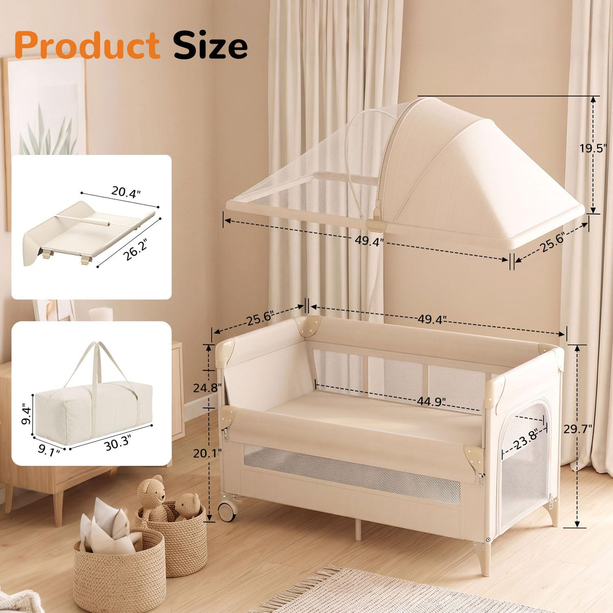 4 in 1 Foldable Pack and Play with Bassinet and Changing Table, Beige Z978712