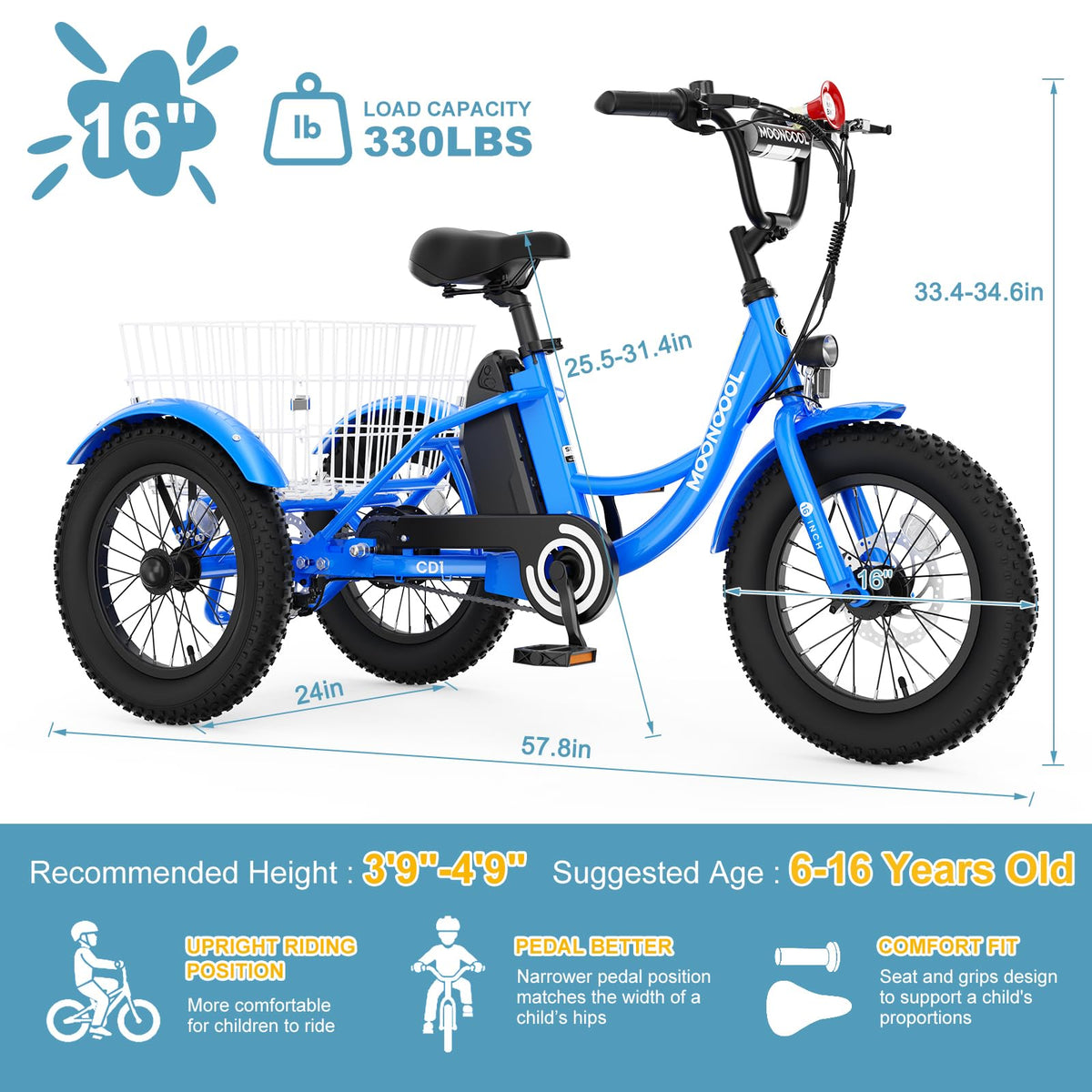 16 Inch 250W 24V Blue Electric Tricycle E21453