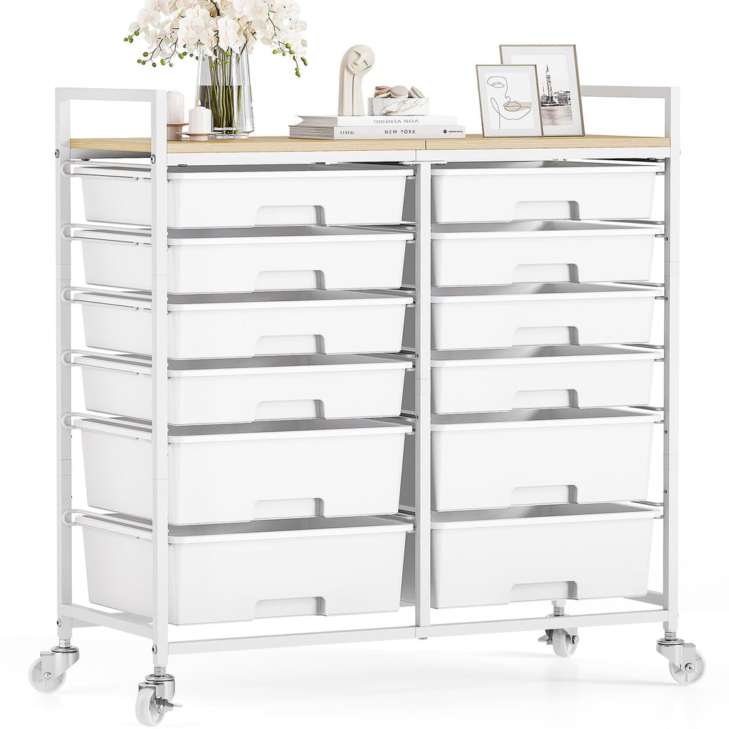 White 12 Drawers Rolling Storage Cart with Wooden Top J5039