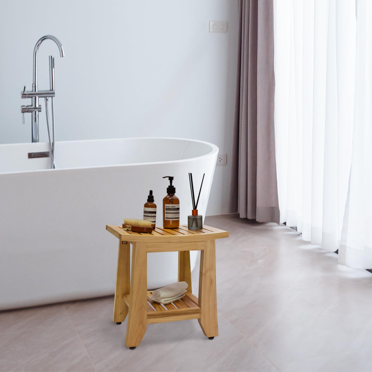 14'' Waterproof Teak Shower Bench with Storage Shelf J32846