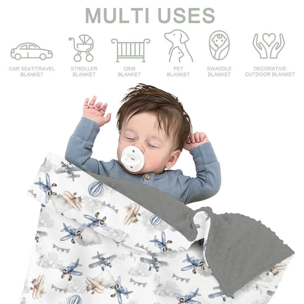 Vintage Planes Helicopters Hot Air Balloon Soft Mink Dotted Backing Double Layer Baby Blanket 30x40 Y7921