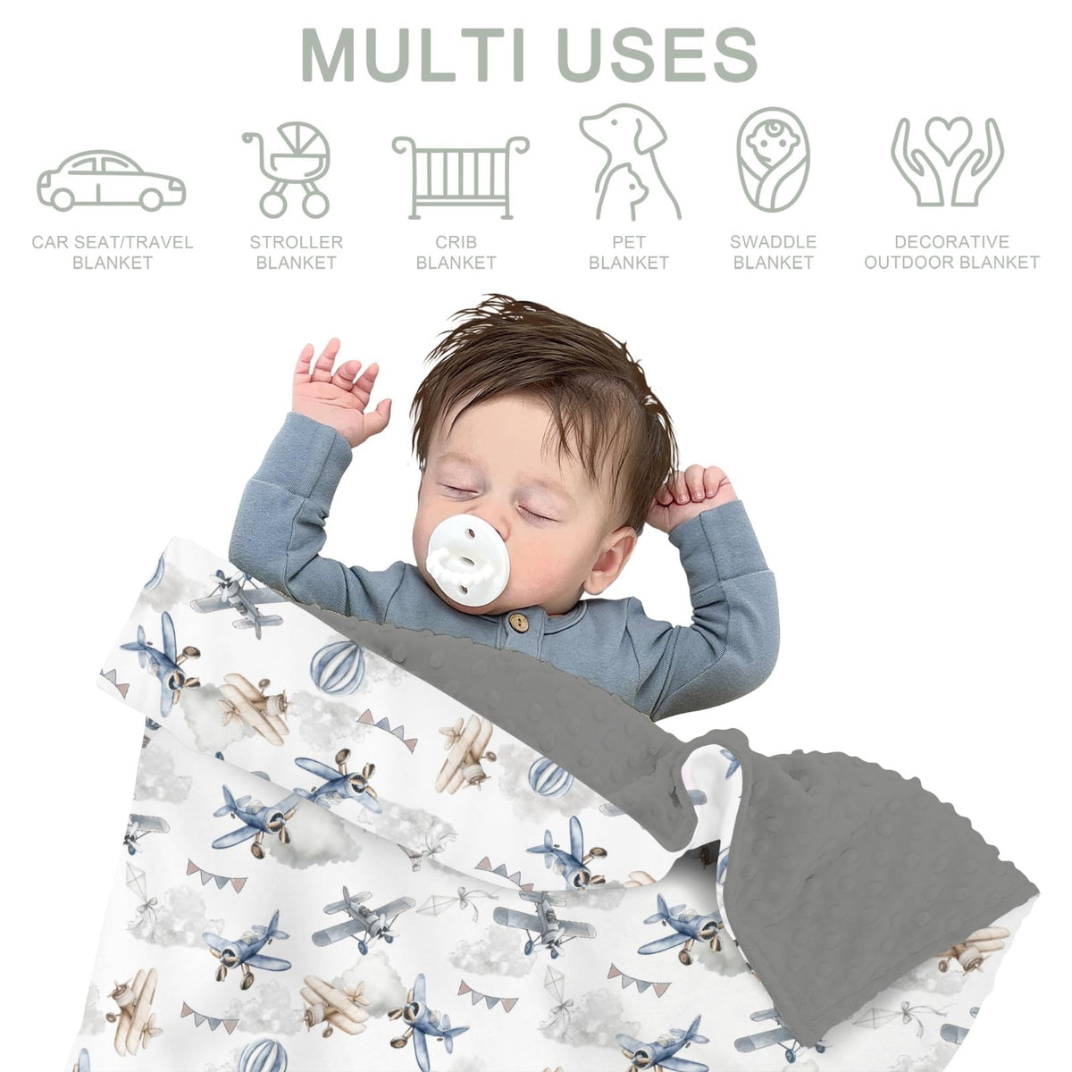 Vintage Planes Helicopters Hot Air Balloon Soft Mink Dotted Backing Double Layer Baby Blanket 30x40 Y7921