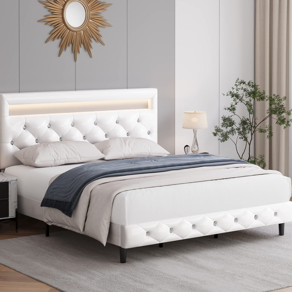 White Faux Leather Upholstered Full Size Platform Bed Frame U586828
