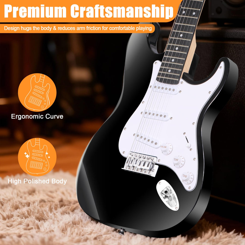 39in Full Size Electric Guitar with 10W Amp, Case and Accessories Pack, Black F869